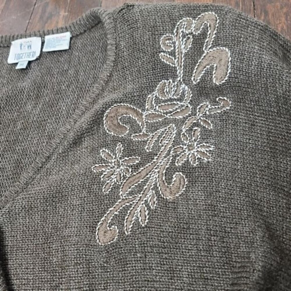 Vintage Brown Western Floral Embroidery Dolman Sleeve Cozy Sweater - Picture 11 of 12
